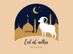 eid-al-adha-festival-greeting-card-with-sacrificial-sheep-and-crescent-on-cloudy-night