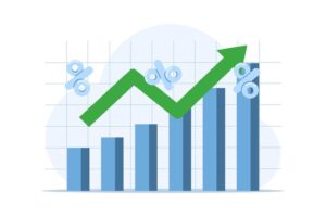 concept-of-investment-and-financial-growth-improving-economy-and-gdp-growth-increasing-wages-and-savings-growth-graph-arrow-with-percent-sign-flat-illustration-on-white-background-vector