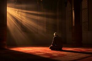 muslim-man-praying-in-the-mosque-with-rays-of-light-coming-through-the-window-ai-generative-photo